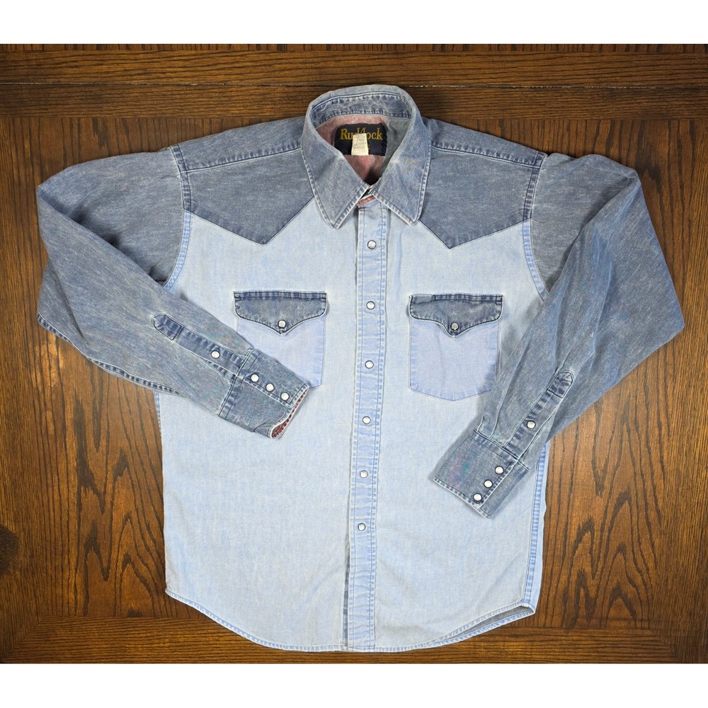 Vintage Ruddock Bros Mens Medium Blue Denim Western Pearl Snap Color Block Shirt